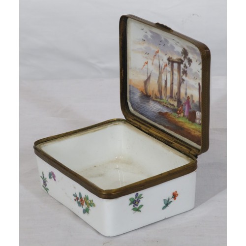 262 - French style porcelain ring box with foliate & scenic decoration & ormolu mounts