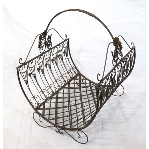 268 - Victorian style wrought iron log basket with shaped handle