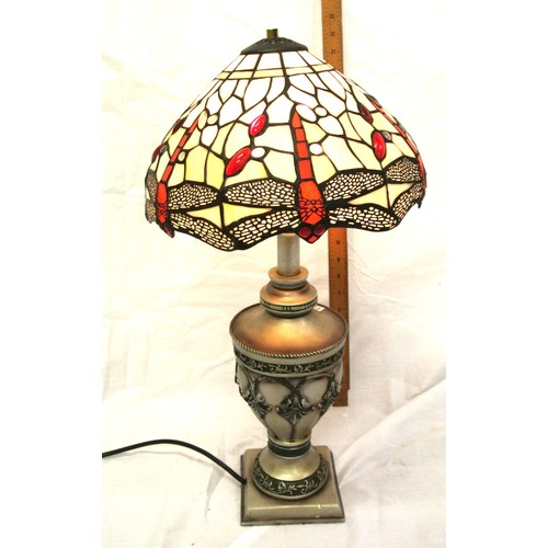 276 - Art Deco style electric table lamp with multi-coloured butterfly decorated shade, vase shaped foliat... 