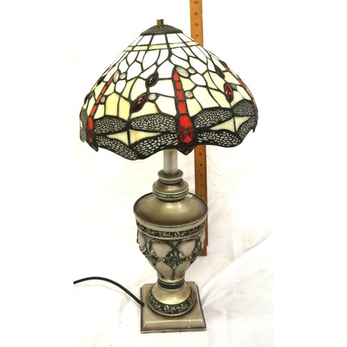 276 - Art Deco style electric table lamp with multi-coloured butterfly decorated shade, vase shaped foliat... 