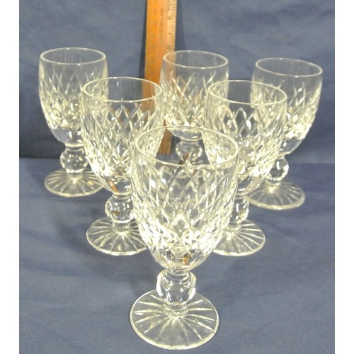 279 - Set of 6 Waterford Crystal port glasses with strawberry diamonds, knop stems & round bases