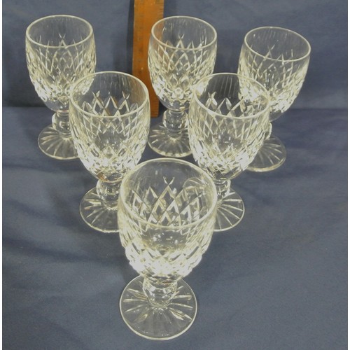 279 - Set of 6 Waterford Crystal port glasses with strawberry diamonds, knop stems & round bases