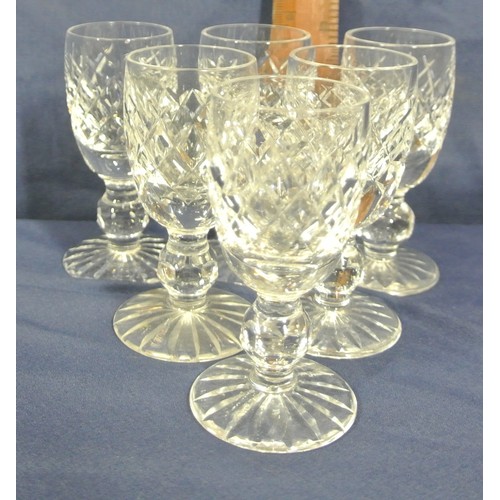 280 - Set of 6 Waterford Crystal liqueur glasses with strawberry diamonds, knop stems & round bases