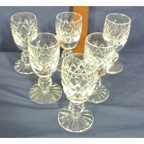 280 - Set of 6 Waterford Crystal liqueur glasses with strawberry diamonds, knop stems & round bases