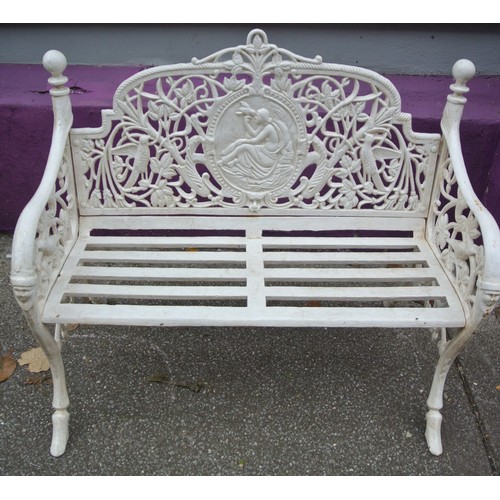 310 - Cast iron garden bench with shaped arms & finials, ornate bird figured & foliate decoration, slated ... 