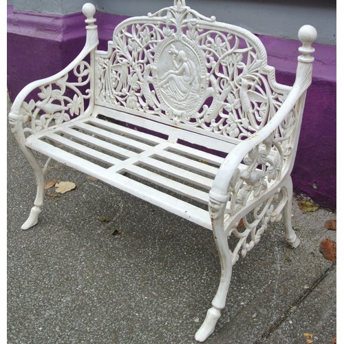 310 - Cast iron garden bench with shaped arms & finials, ornate bird figured & foliate decoration, slated ... 