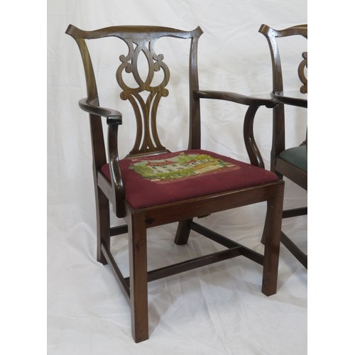 313 - Pair of Chippendale design mahogany carver armchairs with pierced splats, shaped arms, upholstered s... 