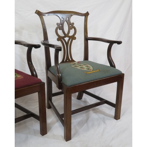 313 - Pair of Chippendale design mahogany carver armchairs with pierced splats, shaped arms, upholstered s... 