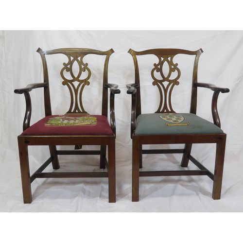 313 - Pair of Chippendale design mahogany carver armchairs with pierced splats, shaped arms, upholstered s... 