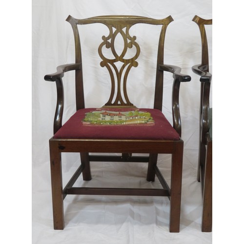 313 - Pair of Chippendale design mahogany carver armchairs with pierced splats, shaped arms, upholstered s... 