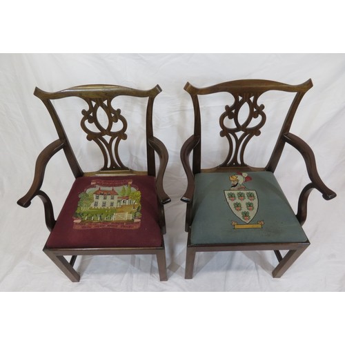 313 - Pair of Chippendale design mahogany carver armchairs with pierced splats, shaped arms, upholstered s... 