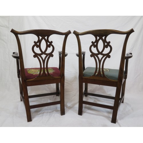 313 - Pair of Chippendale design mahogany carver armchairs with pierced splats, shaped arms, upholstered s... 