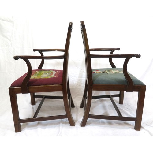 313 - Pair of Chippendale design mahogany carver armchairs with pierced splats, shaped arms, upholstered s... 