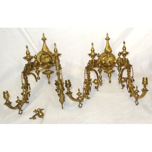 197 - Pair of ornate brass Victorian wall brackets with shaped beaded arms, finials & reeded backplates 30... 