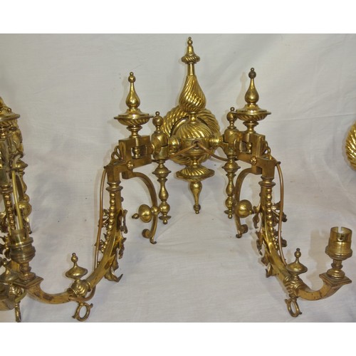 197 - Pair of ornate brass Victorian wall brackets with shaped beaded arms, finials & reeded backplates 30... 