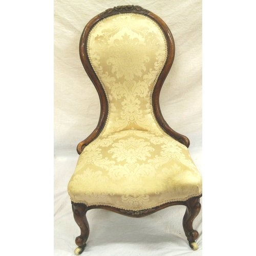 319 - Victorian walnut balloon back Ladies chair with rose carved pediment, serpentine fronted seat, folia... 