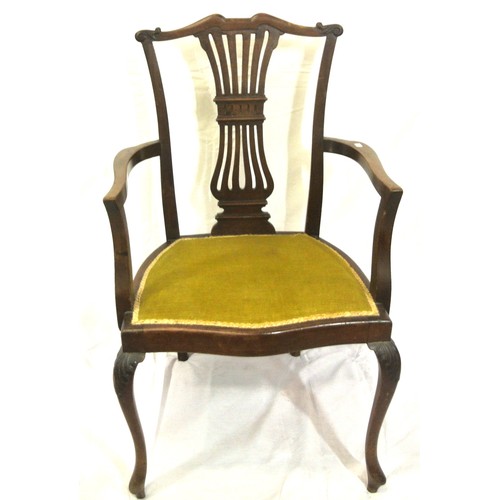 315 - Victorian mahogany open armchair with pierced wheatsheaf splat, serpentine fronted seat, on cabriole... 