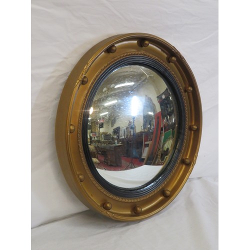 182 - Edwardian style gilt framed round convex mirror with reeded and ball decoration