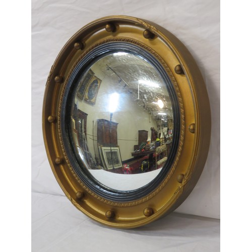 182 - Edwardian style gilt framed round convex mirror with reeded and ball decoration