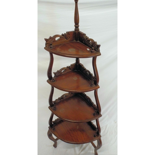 181 - Victorian mahogany bow fronted four tier whatnot with turned finials, foliate carving, on cabriole l... 