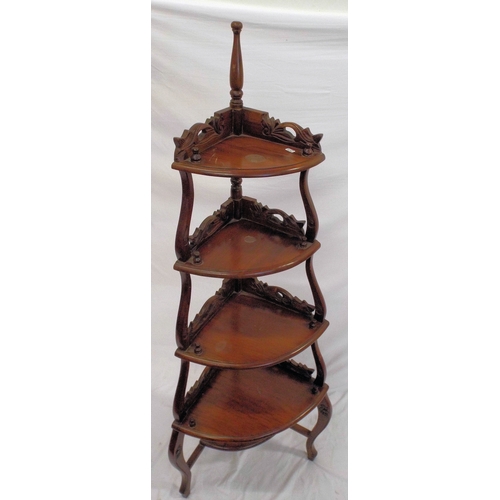 181 - Victorian mahogany bow fronted four tier whatnot with turned finials, foliate carving, on cabriole l... 