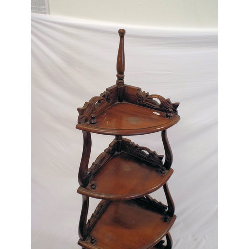 181 - Victorian mahogany bow fronted four tier whatnot with turned finials, foliate carving, on cabriole l... 