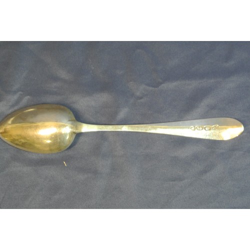 111 - Irish Silver serving spoon with bright cut crested pointed handle, by Michael Keating, Dublin 1795, ... 