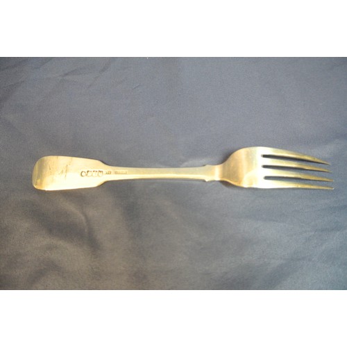 93 - Irish silver dinner fork with fiddle pattern handle, by James Le Bas, Dublin, 1843, 74g, 21cm