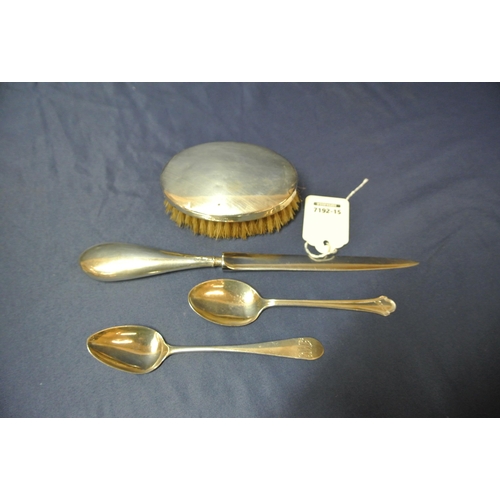 10 - Lot: Scottish teaspoon, Birmingham teaspoon, Birmingham silver oval brush and letter opener