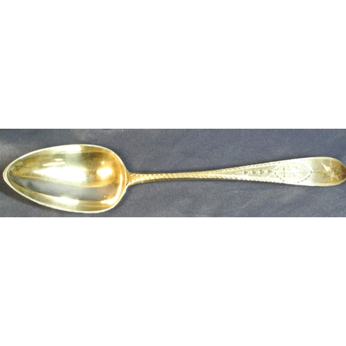 110 - Irish Silver serving spoon with bright cut crested pointed handle, by Michael Keating, Dublin 1792, ... 