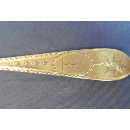 110 - Irish Silver serving spoon with bright cut crested pointed handle, by Michael Keating, Dublin 1792, ... 