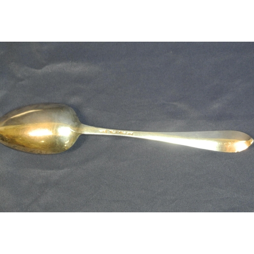 110 - Irish Silver serving spoon with bright cut crested pointed handle, by Michael Keating, Dublin 1792, ... 