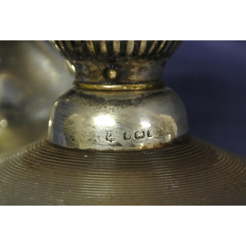 25 - Birmingham silver oil lamp with tinted glass bowl and shade, shaped column and stepped base