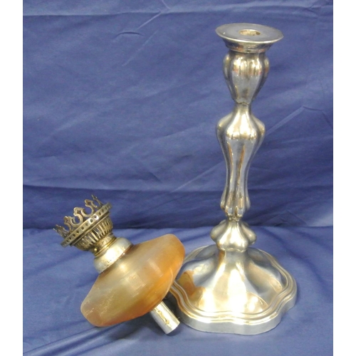 25 - Birmingham silver oil lamp with tinted glass bowl and shade, shaped column and stepped base