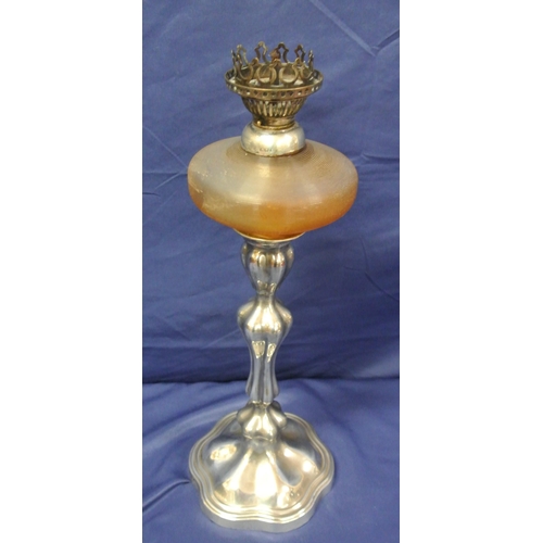 25 - Birmingham silver oil lamp with tinted glass bowl and shade, shaped column and stepped base