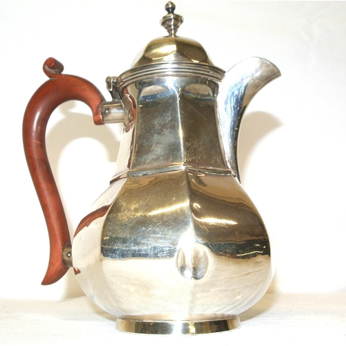 43 - Birmingham silver coffee pot of hexagonal baluster form, lid with finial, timber handle, on round ba... 