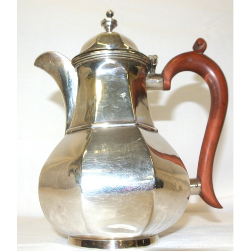 43 - Birmingham silver coffee pot of hexagonal baluster form, lid with finial, timber handle, on round ba... 