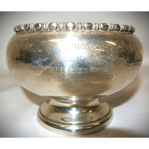 46 - London silver flower bowl with raised base and decorated rim, 1930, 239g, 14cm diam, inscribed