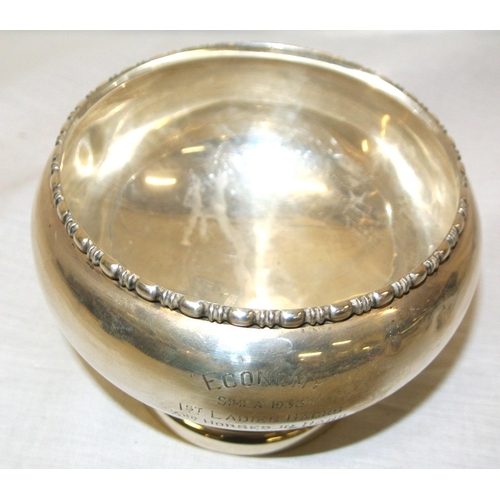 46 - London silver flower bowl with raised base and decorated rim, 1930, 239g, 14cm diam, inscribed