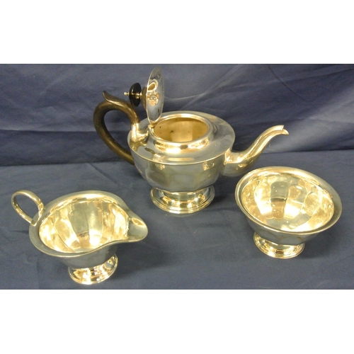 51 - 3 piece Sheffield silver tea service with panelled bodies, shaped handles, on round bases, by Viners... 