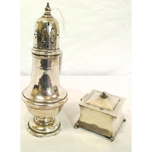 54 - Silver sugar caster with round base, and a Birmingham silver inkwell of square tapering form, 2667g ... 