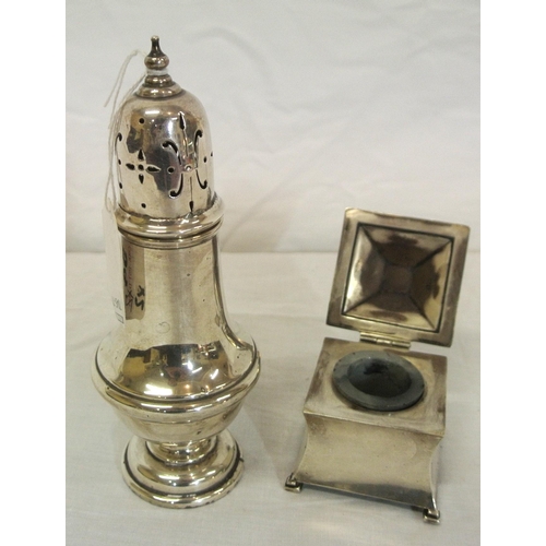 54 - Silver sugar caster with round base, and a Birmingham silver inkwell of square tapering form, 2667g ... 