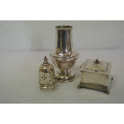 54 - Silver sugar caster with round base, and a Birmingham silver inkwell of square tapering form, 2667g ... 