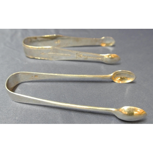 58 - 2 English silver sugar or ice cube tongs, one Georgian bright cut and one plain Victorian, 53g tot, ... 