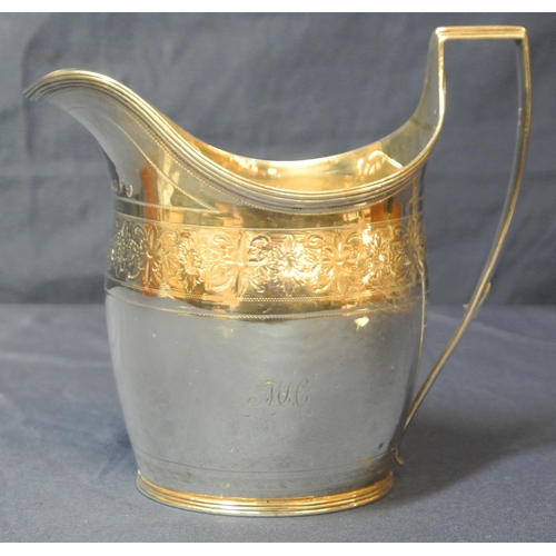 62 - Georgian London silver creamer with reeded rims and handles, floral etched banding, initialled, 122g... 