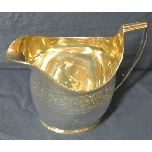 62 - Georgian London silver creamer with reeded rims and handles, floral etched banding, initialled, 122g... 