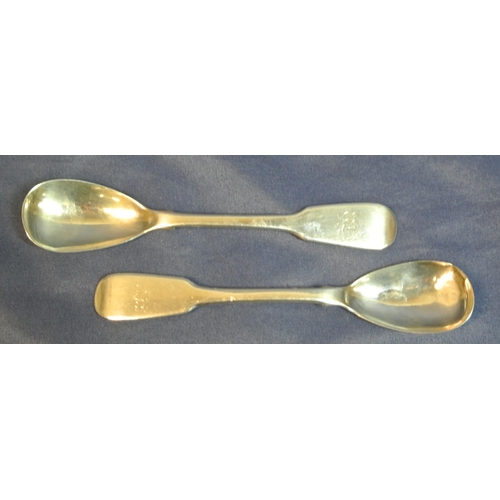 94 - Pair of Irish silver mustard or egg spoons with fiddle pattern crested handles and oval bowls, by Ch... 