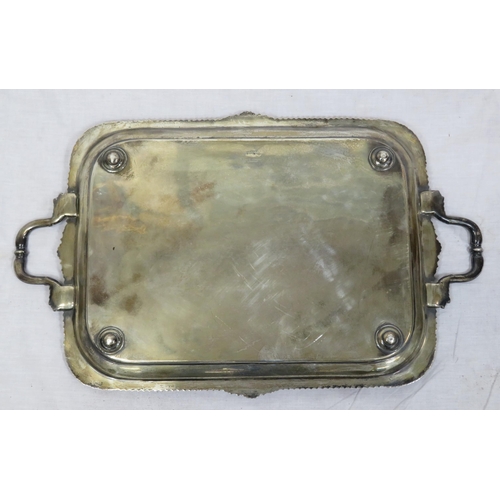 99 - Large George V Sheffield silver serving tray with shell and gadroon borders, shaped handles, foliate... 