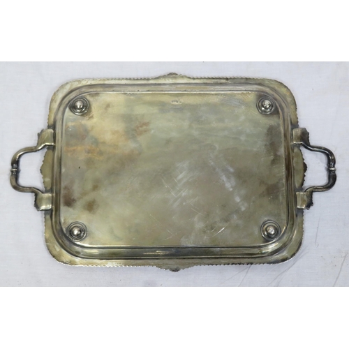 99 - Large George V Sheffield silver serving tray with shell and gadroon borders, shaped handles, foliate... 