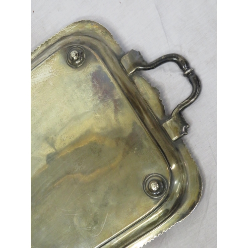 99 - Large George V Sheffield silver serving tray with shell and gadroon borders, shaped handles, foliate... 